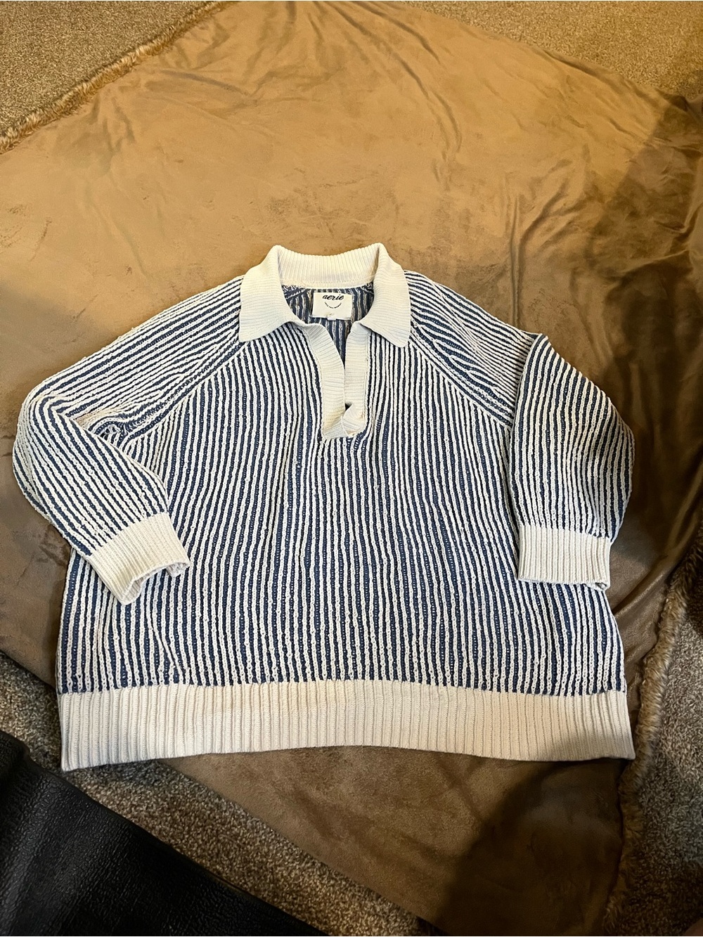 aerie Navy and White Striped Knit Polo
